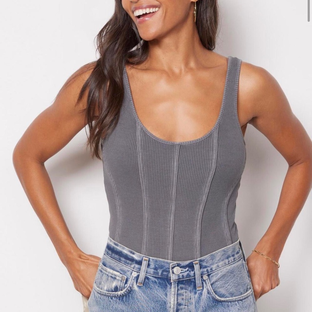 Agolde Gray Ribbed Scoop Neck Bodysuit